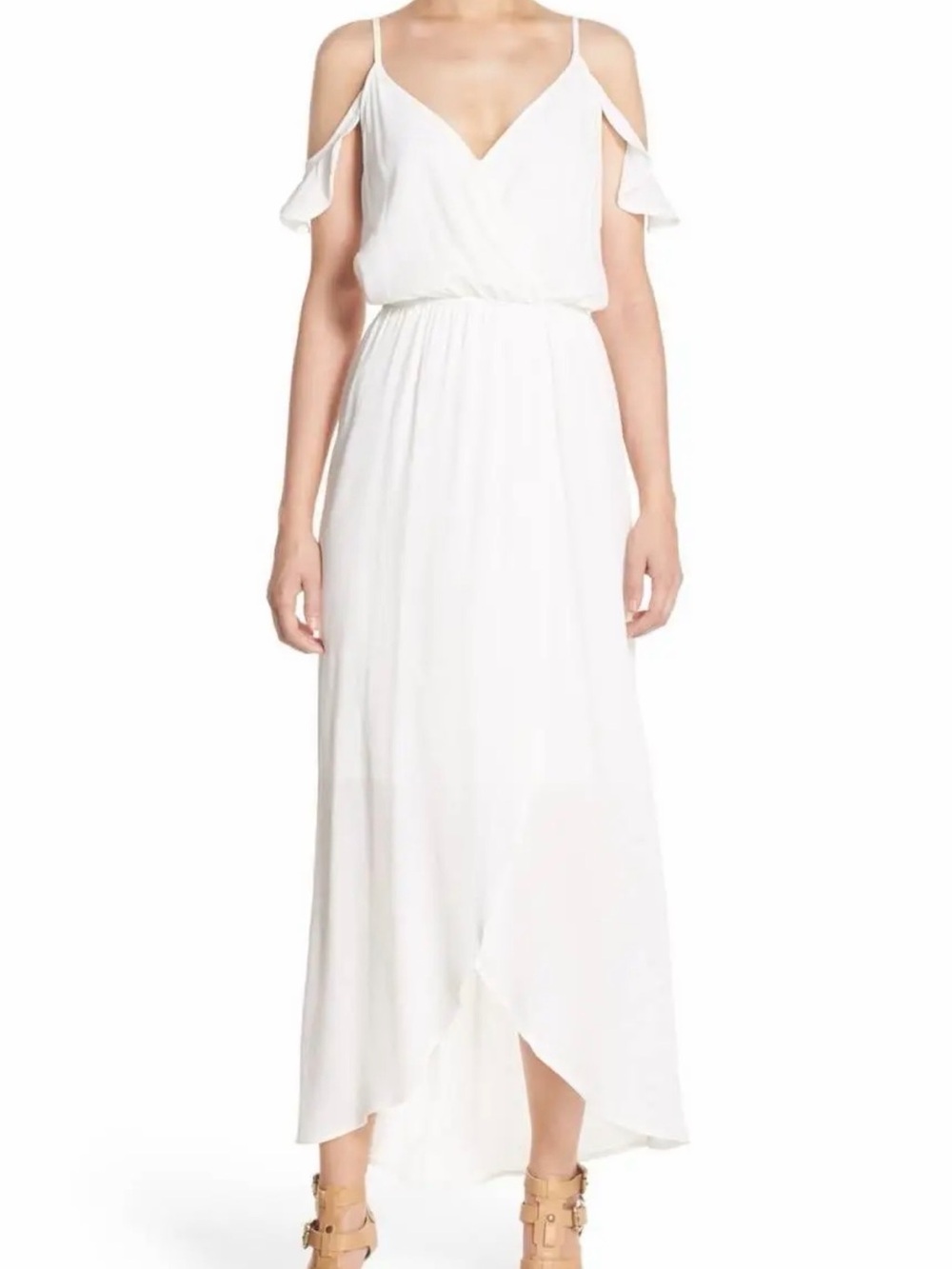 Cold-Shoulder White High-Low Maxi Dress